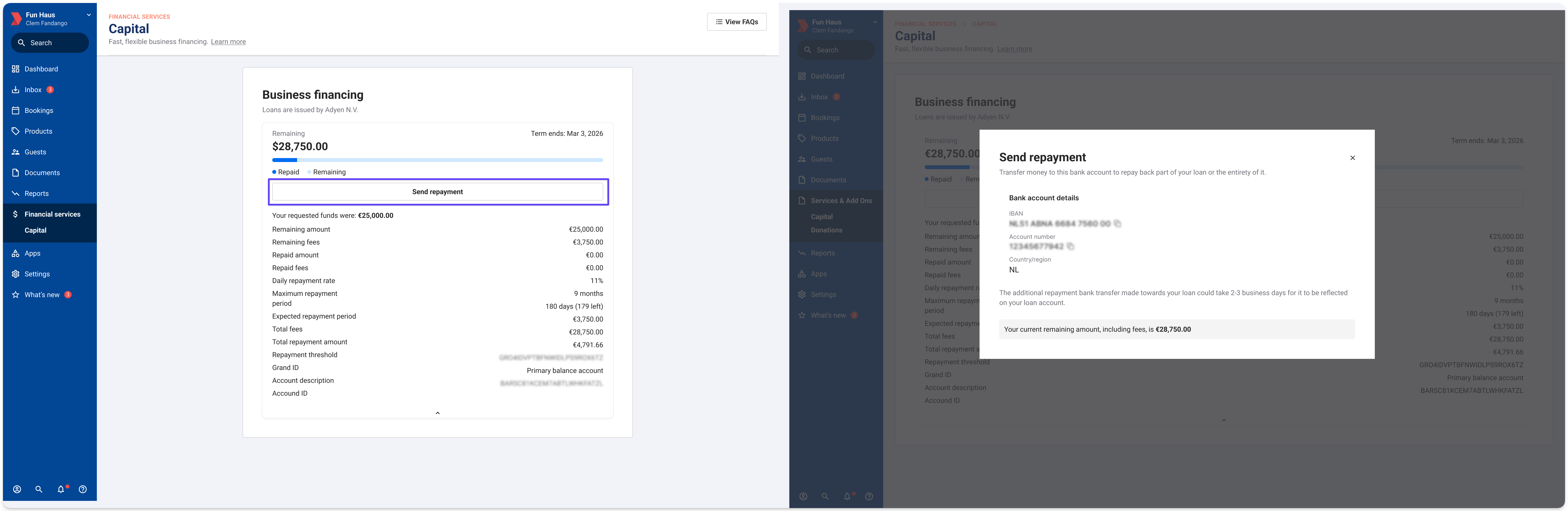 Overview of business financing details including repayment and remaining amounts.